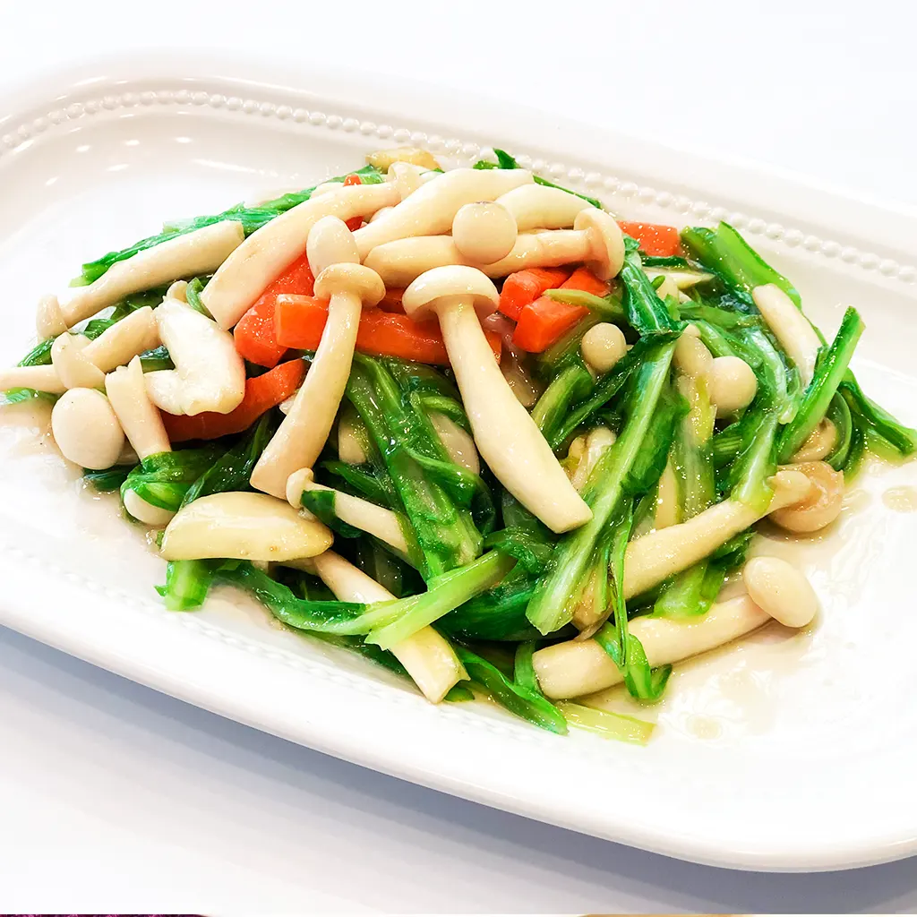 White Mushroom Stir Fried Green Dragon Chives - 白玉菇炒青龙苗